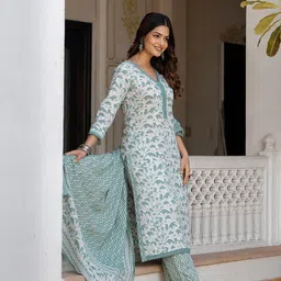Anouk Floral Yoke Design Aari Work V-Neck Pure Cotton Kurta With Trousers & Dupatta image 3
