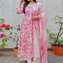 BAESD Floral Printed Empire Mirror Work Anarkali Kurta With Trousers & Dupatta image 3