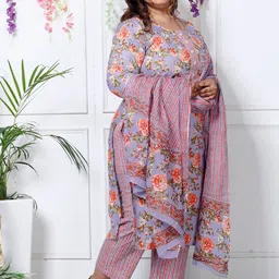 KALINI Floral Printed Round Neck Sequinned Pure Cotton Kurta with Trousers & With Dupatta image 3
