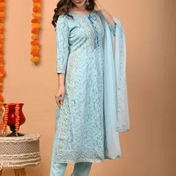 TOULIN Women Turquoise Blue Ethnic Motifs Printed Pure Cotton Kurta with Trousers & With Dupatta image 3