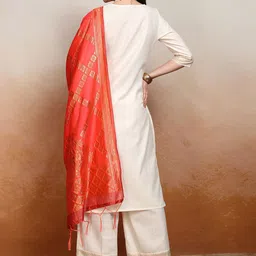 Vishudh Cream Coloured Woven Design Zari Straight Kurta With Palazzos &  Dupatta image 2