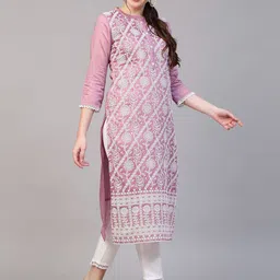 FASHOR Women Purple Striped Chikankari Kurta with Trousers & With Dupatta image 4