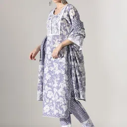 Anouk Floral Embroidered Thread Work A-Line Pure Cotton Kurta with Trousers & Dupatta image 4