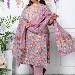 KALINI Floral Printed Round Neck Sequinned Pure Cotton Kurta with Trousers & With Dupatta image 4
