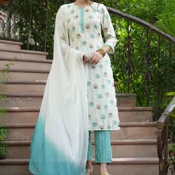 Juniper Women Blue Ethnic Motifs Printed Straight Kurta with Trousers & Dupatta image 5