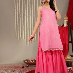 Varanga Women Pink Embroidered Sequinned Kurta with Sharara & Dupatta image 5