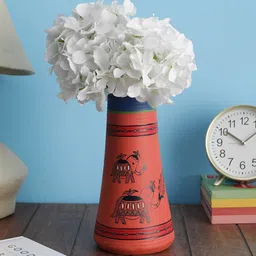 VarEesha Coral-Coloured & Blue Hand Painted Madhubani Terracotta Flower Vase-picture-14