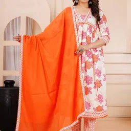 FCV Floral Printed Regular Sequinned Pure Cotton Kurta with Trousers & Dupatta-image-11