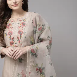 Indo Era Women Brown Floral Embroidered Regular Kurta with Trousers & With Dupatta-picture-18