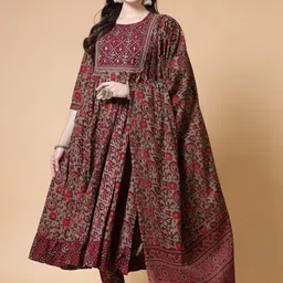 KALINI Ethnic Motifs Printed Pure Cotton Anarkali Kurta with Trousers & Dupatta image 1
