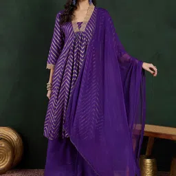 Sangria Purple Chevron Printed Thread Work V-Neck Anarkali Kurta With Palazzo And Dupatta-picture-37
