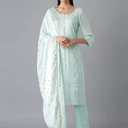 AURELIA Women Blue Ethnic Motifs Embroidered Kurta with Trousers & With Dupatta-picture-43