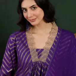 Sangria Purple Chevron Printed Thread Work V-Neck Anarkali Kurta With Palazzo And Dupatta image 5