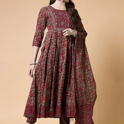 KALINI Ethnic Motifs Printed Pure Cotton Anarkali Kurta with Trousers & Dupatta image 4