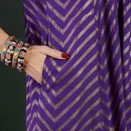 Sangria Purple Chevron Printed Thread Work V-Neck Anarkali Kurta With Palazzo And Dupatta image 4