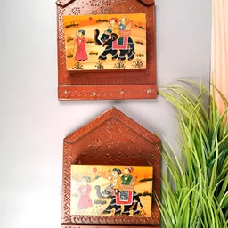 apka mart Brown & Yellow 2Pieces Printed Wooden Key Holder with Small Letter Rack image 1