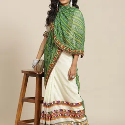 SERONA FABRICS Green & White Bandhani Kutchi Embroidery Pure Georgette Half and Half Saree image 1