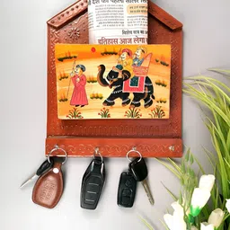 apka mart Brown & Yellow 2Pieces Printed Wooden Key Holder with Small Letter Rack image 3