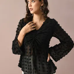 IUGA Self Design V-Neck Bell Sleeve Georgette Top-image-3
