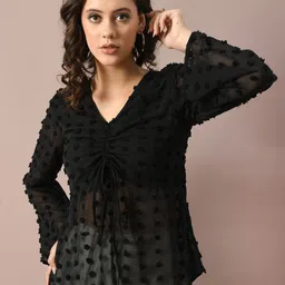 IUGA Self Design V-Neck Bell Sleeve Georgette Top image 5
