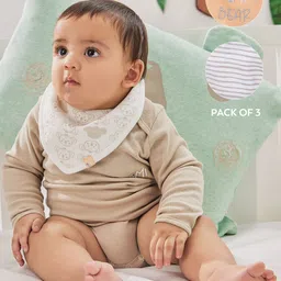 MiArcus Kids Pack Of 3 White & Beige Printed Dribble Knitted Bibs image 1