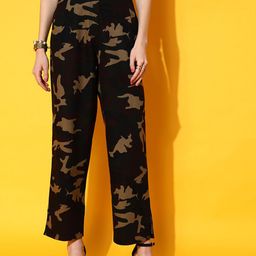 STREET 9 Women Olive Green Camouflage Printed Smart Flared High-Rise Culottes Trousers-picture-14