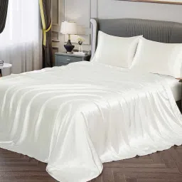 coolbeds Ivory Solid 400 TC Satin Queen Fitted Bedsheet with 2 Satin Pillow covers image 2