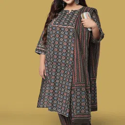 kalini MIRCHI FASHION Women Black Ethnic Motifs Pure Cotton Kurta with Trousers & Dupatta image 1