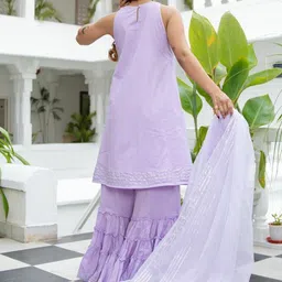 Lavanya The Label Women Lavender Embroidered Pure Cotton Kurta With Palazzos & Dupatta image 4