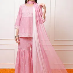 Vishudh Ethnic Motifs Printed Regular Sequinned Pure Cotton Kurti with Sharara & Dupatta-picture-3
