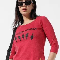 Campus Sutra Red Typography Printed Cotton T-shirt-image-51