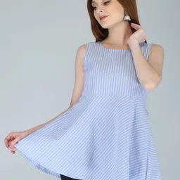 HERE&NOW Blue Vertical Striped Cotton Peplum Top-picture-30