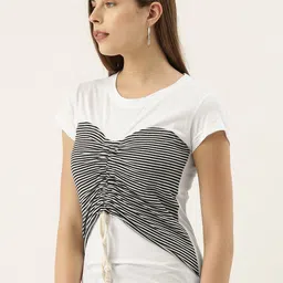 Campus Sutra Striped Round Neck Gathered Cotton Top image 3