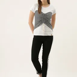 Campus Sutra Striped Round Neck Gathered Cotton Top image 5