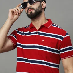 uniberry Men Striped Polo Neck Cotton Blend Red T-Shirt-picture-12