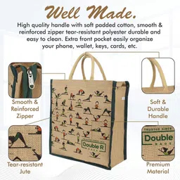 double r bags Big Eco Reusable Yoga Print Jute Cloth Carry Lunch Tiffin Bag with Zip Reinforced Handle for Men Women Pack of 3 Size Medium Lunch Bag image 3