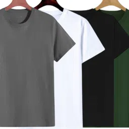 ttfe Pack of 4 Men Solid Round Neck Polyester Grey, White, Black, Green T-Shirt image 1