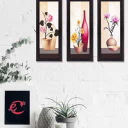 eCraftIndia Set Of 3 Beige & Pink Decorative Floral Botanical Pot Satin Matt Texture UV Wall Art image 1