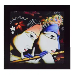 eCraftIndia White & Black Radha Krishna Playing Flute Satin Matt Texture UV Wall Art image 2