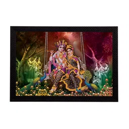 eCraftIndia Black & Green Radha Krishna Playing Flute Satin Matt Texture UV Wall Art image 2