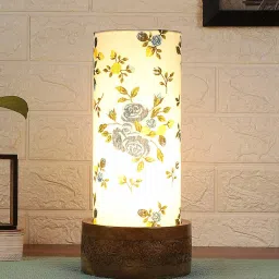 new era Blue Floral Cotton Fabric Shade Table Lamp With Wood Base image 1