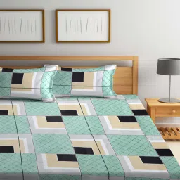 arrabi Green Geometric 300 TC Cotton Blend Double King Sized Bedsheet With 2 Pillow Covers-picture-19
