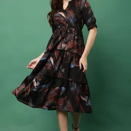 justher Women Fit and Flare Black, Blue Midi/Calf Length Dress-picture-13