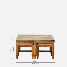 woodsworth from pepperfry Rezzan Sheesham Wood Nesting Coffee Table Set in Scratch Resistant Rustic Teak Finish With Cushioned Stools image 2