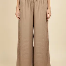 Women Regular Fit Gold Silk Blend Trousers-image-5