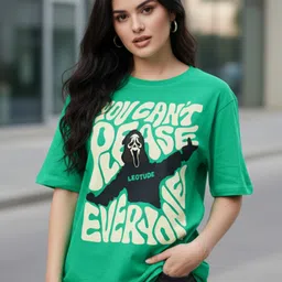 leotude Women Printed Round Neck Cotton Blend Green T-Shirt image 1