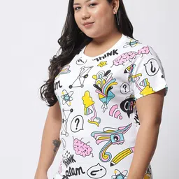 beyound size - the dry state Women Printed Round Neck Pure Cotton White T-Shirt image 3