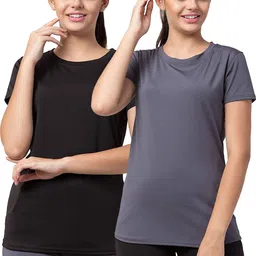 udi n adi Pack of 2 WOMEN SPORTS TSHIRT GYM WEAR Women Solid Round Neck Polyester Black, Grey T-Shirt-picture-16