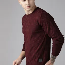 roadster Men Self Design Round Neck Maroon Sweater-picture-27