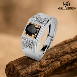 Men's Silver Ring with Black Stone & CZ Accents Sterling Silver Cubic Zirconia Rhodium Plated Ring-image-47